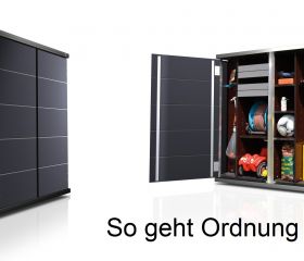 Kleines Gartenhaus modern und wetterfest. Flexible Struktur für Ordnung auch in kleine Gärten.