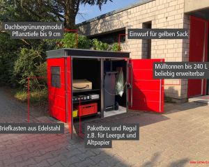 Edelstahl Mülltonnenbox mit HPL Türen und Dachbepflanzung