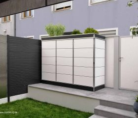 Tx ; GH ; PW Moderner Terrassenschrank als Gartenbox mit Dachbegrünung