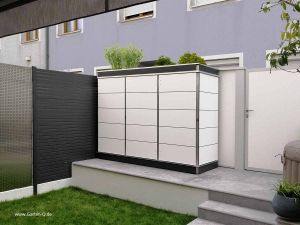 Tx ; GH ; PW Moderner Terrassenschrank als Gartenbox mit Dachbegrünung