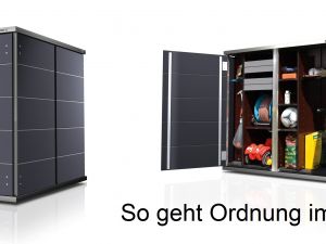 Kleines Gartenhaus modern und wetterfest. Flexible Struktur für Ordnung auch in kleine Gärten.