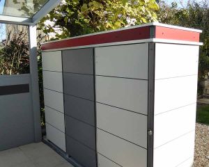 Die modulare Mülltonnenbox in weiss, grau und roter Dachbegrünung
