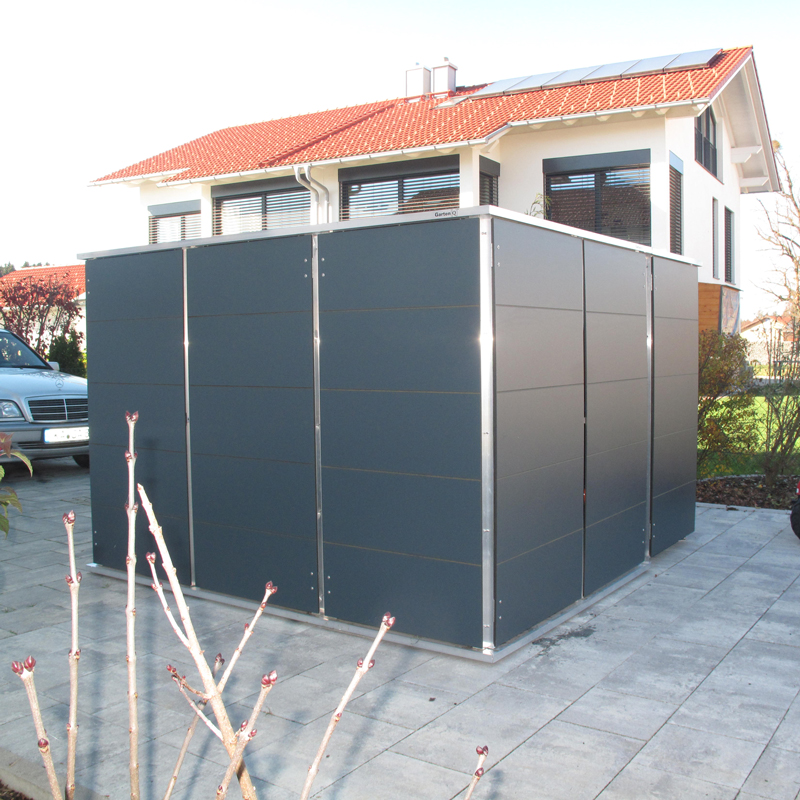 Gartenhaus Flachdach kombiniert mit einer Mülltonnenbox