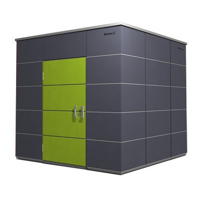 Gartenhaus HPL in RAL 7016 mit lime green Tür'