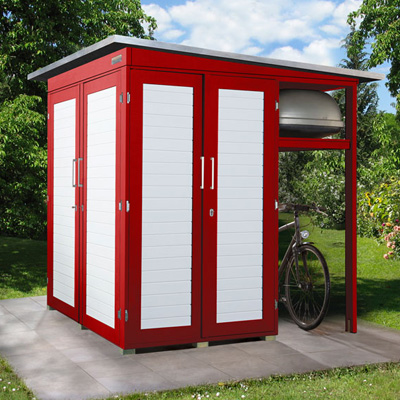 Rotes Gerätehaus mit Pultdach